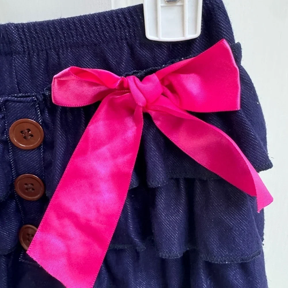 Girls 2T Blue Jean Looking Flowy Skirt with Pink Bow
